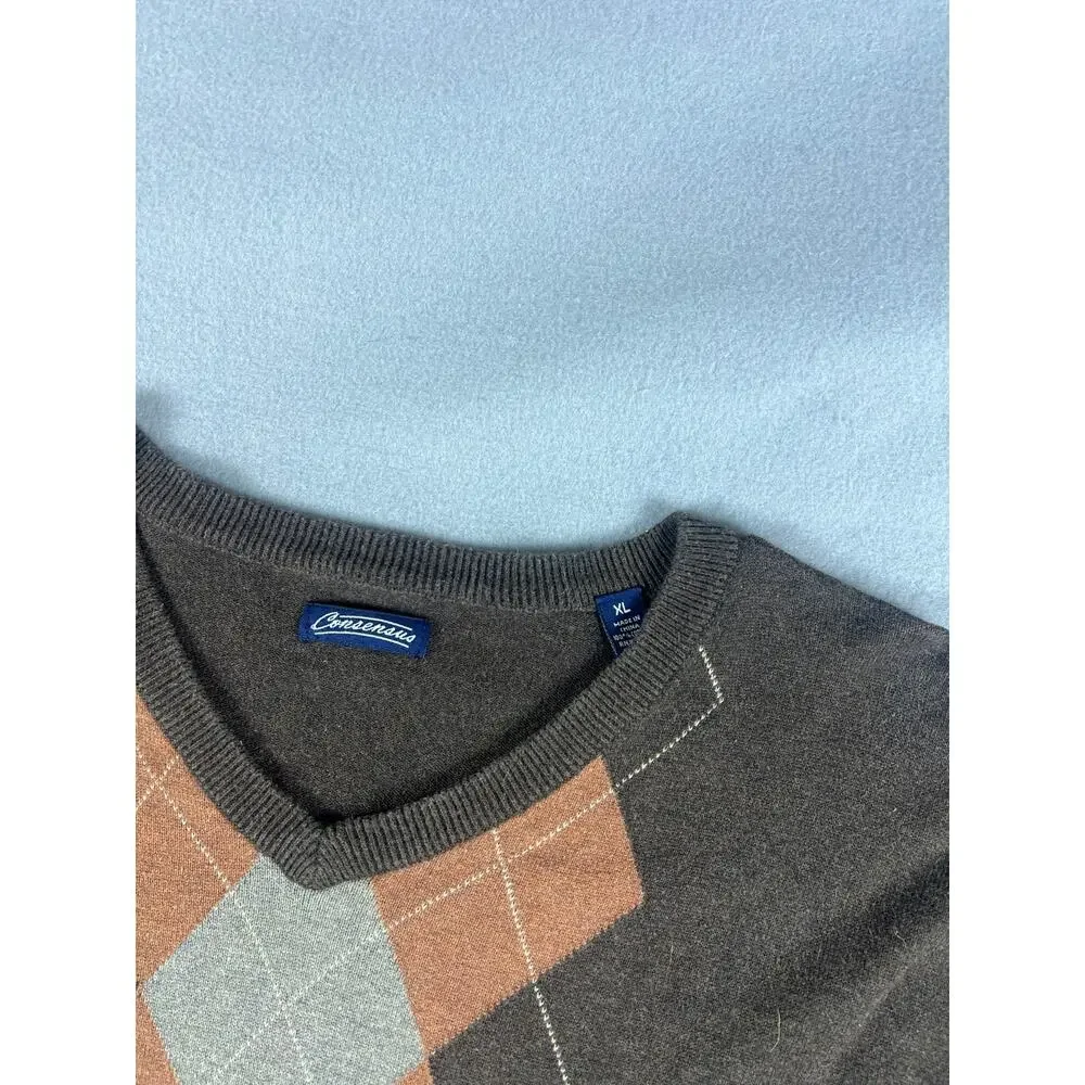 Consensus Sweater Mens XL Brown V Neck Argyle Diamond Knit Preppy Academia Golf